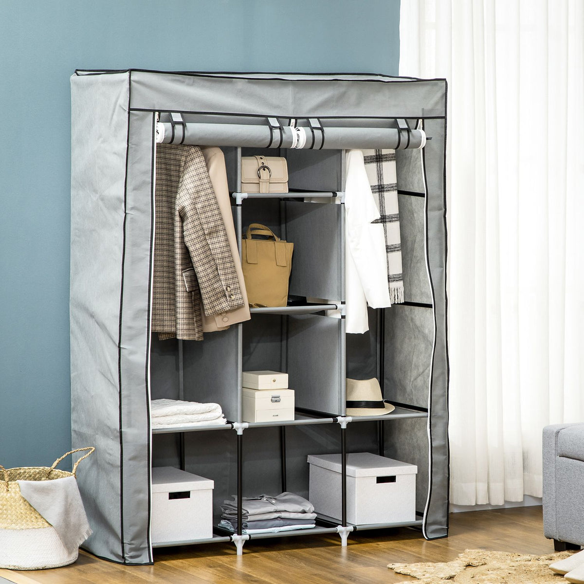 Fabric Wardrobe With Clothes Rails, 8 Levels, Light Gray, Foldable Wardrobe For Bedroom & Hallway