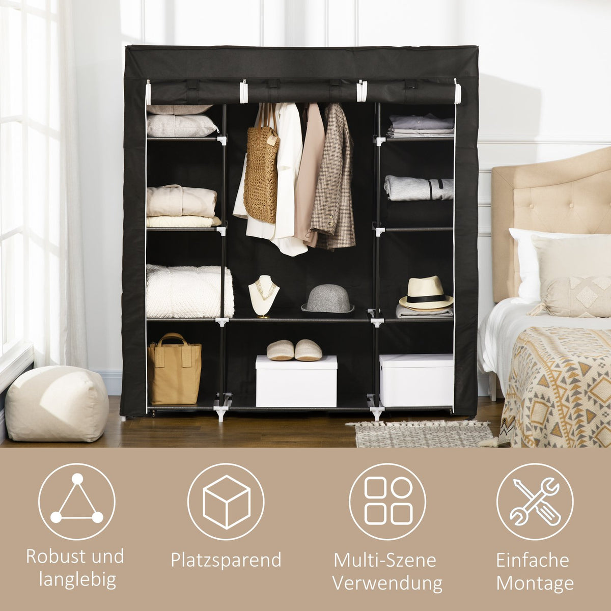 Fabric Wardrobe With Zipper, 1 Clothes Rail, 10 Shelves, 150X43X162.5Cm, Non-Woven Fabric