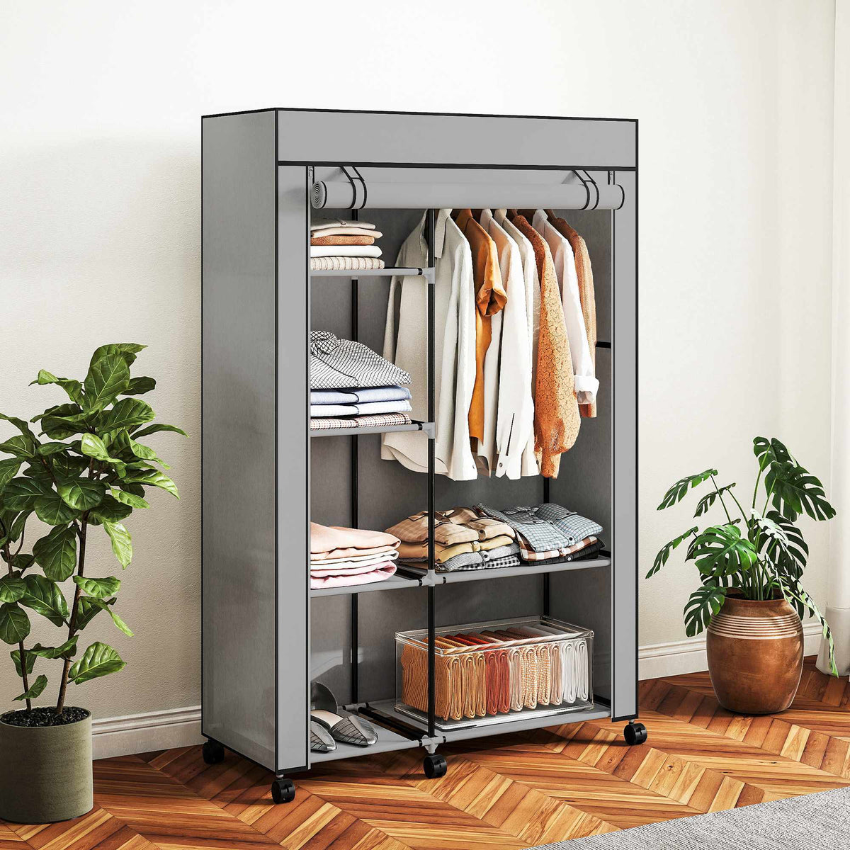 Fabric Wardrobe with 6 Shelves and Hanging Rod, Light Gray