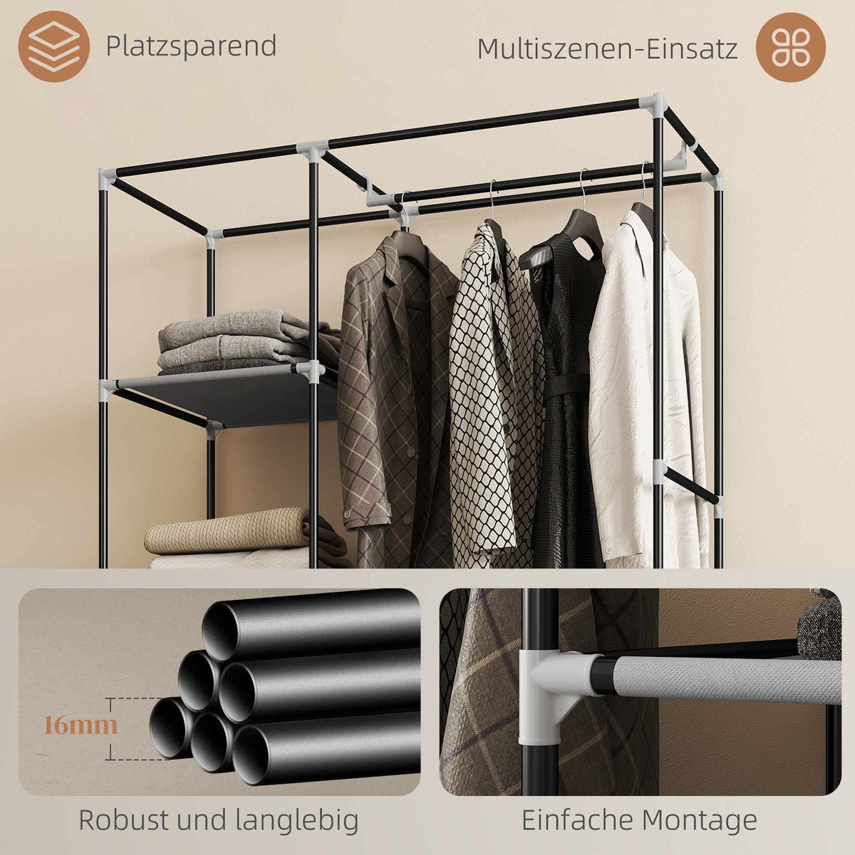 Fabric Wardrobe with 6 Shelves and Hanging Rod, Light Gray
