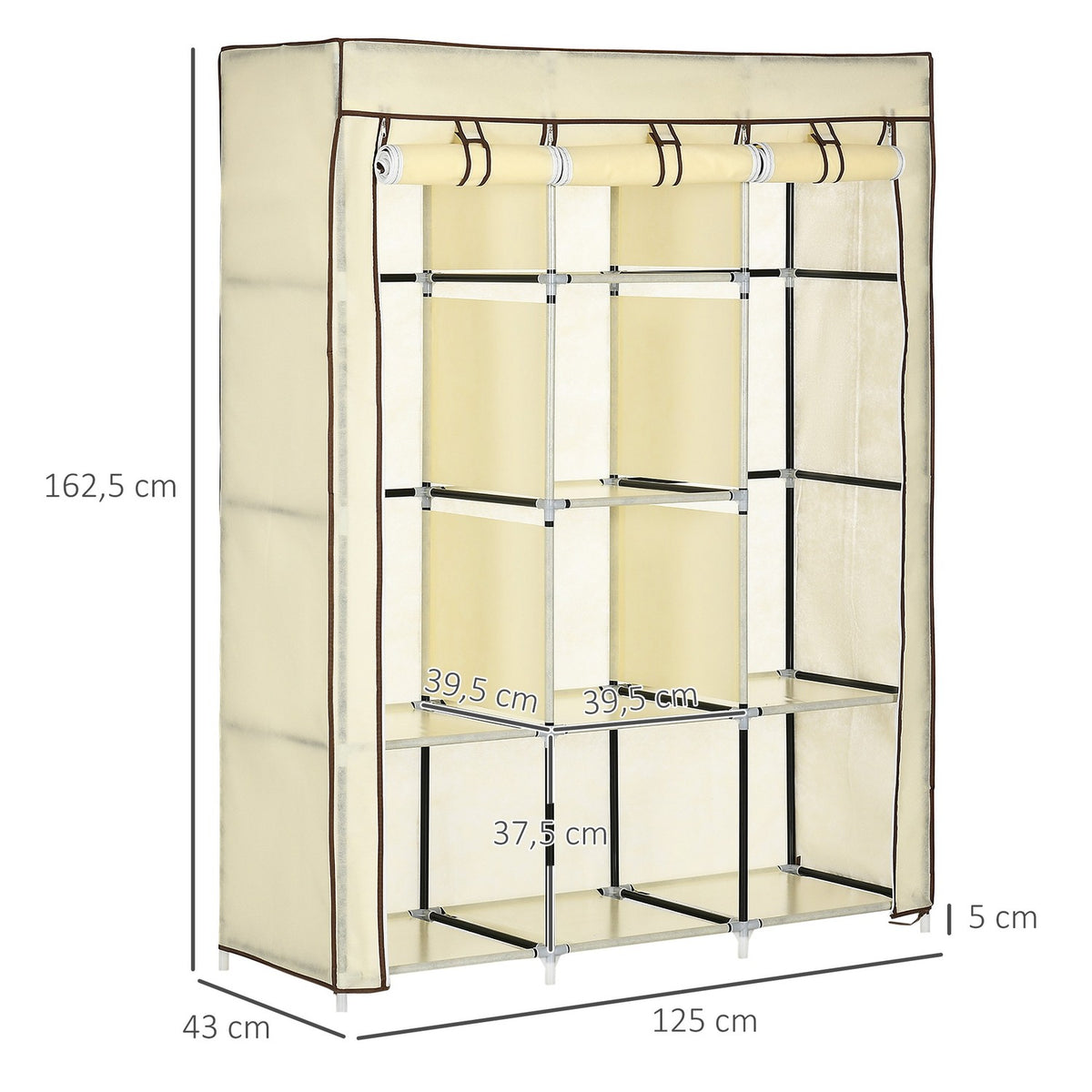 Fabric wardrobe, wardrobe with clothes rails, 8 levels, folding wardrobe, foldable wardrobe for bedroom, hallway, non-woven fabric, cream white, 125 x 43 x 162.5 cm