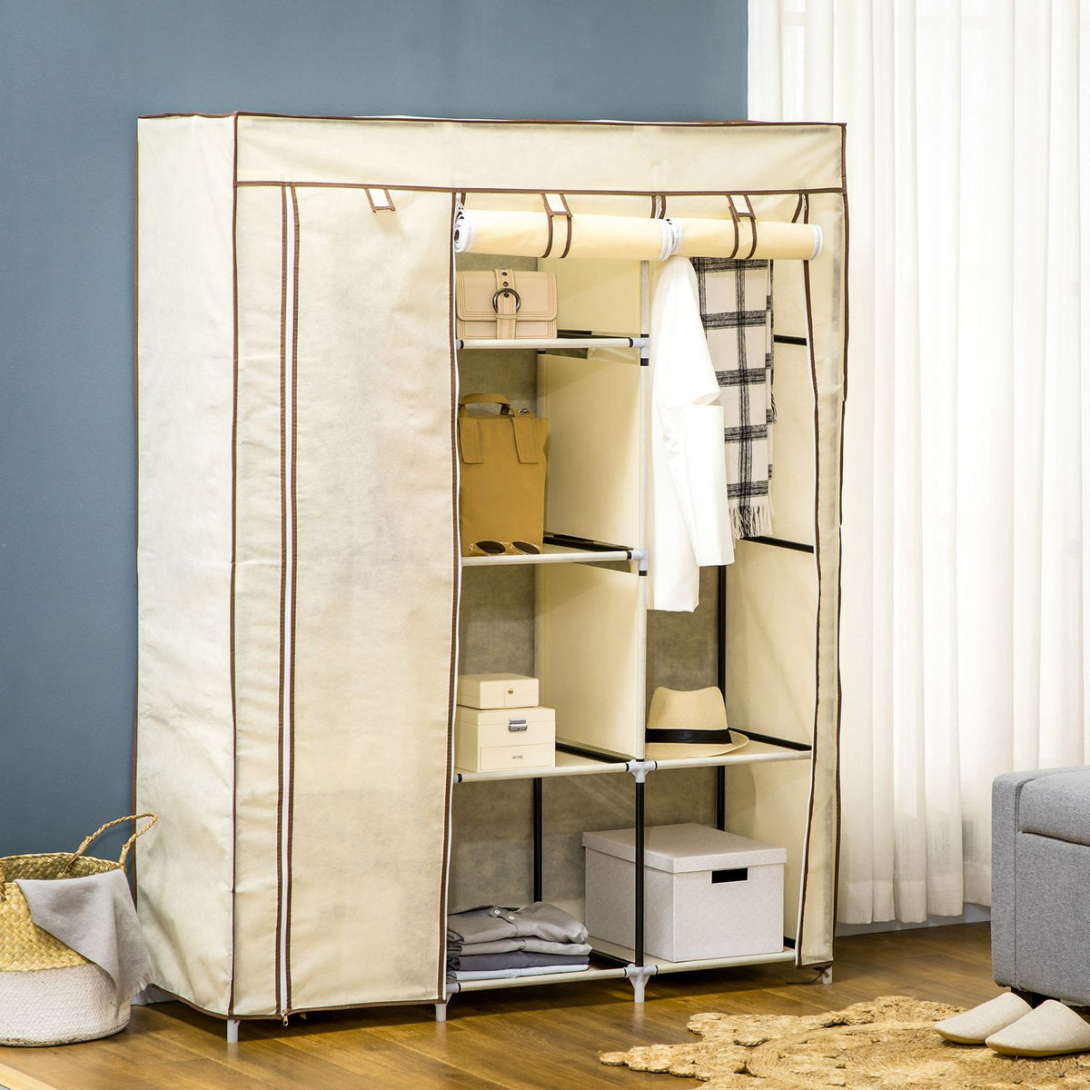 Fabric wardrobe, wardrobe with clothes rails, 8 levels, folding wardrobe, foldable wardrobe for bedroom, hallway, non-woven fabric, cream white, 125 x 43 x 162.5 cm