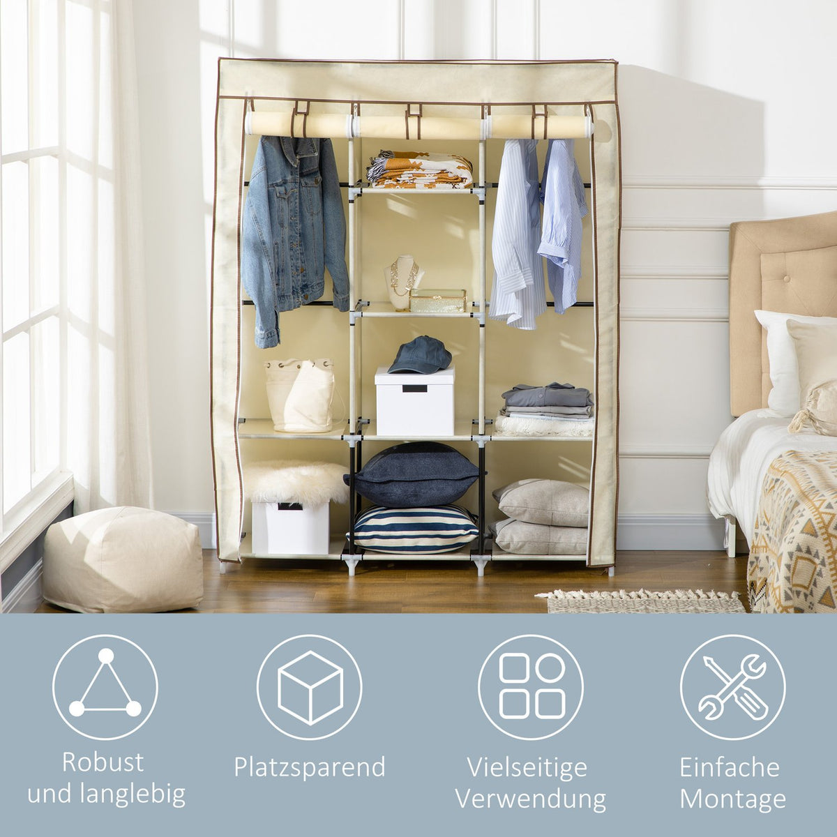 Fabric wardrobe, wardrobe with clothes rails, 8 levels, folding wardrobe, foldable wardrobe for bedroom, hallway, non-woven fabric, cream white, 125 x 43 x 162.5 cm