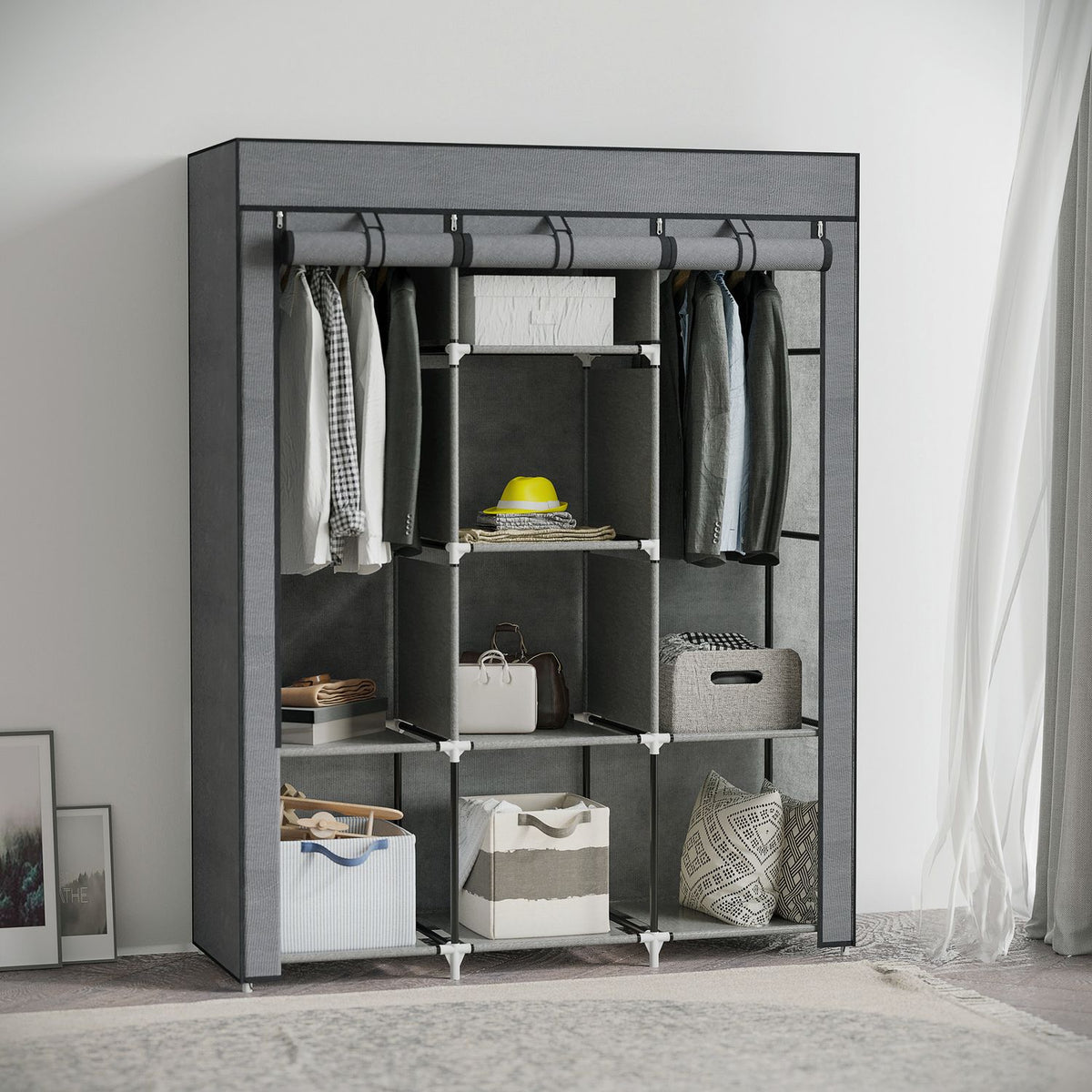 Fabric wardrobe, wardrobe with clothes rails, 8 levels, folding wardrobe, foldable wardrobe for bedroom, hallway, non-woven fabric, dark grey, 125 x 43 x 162.5 cm