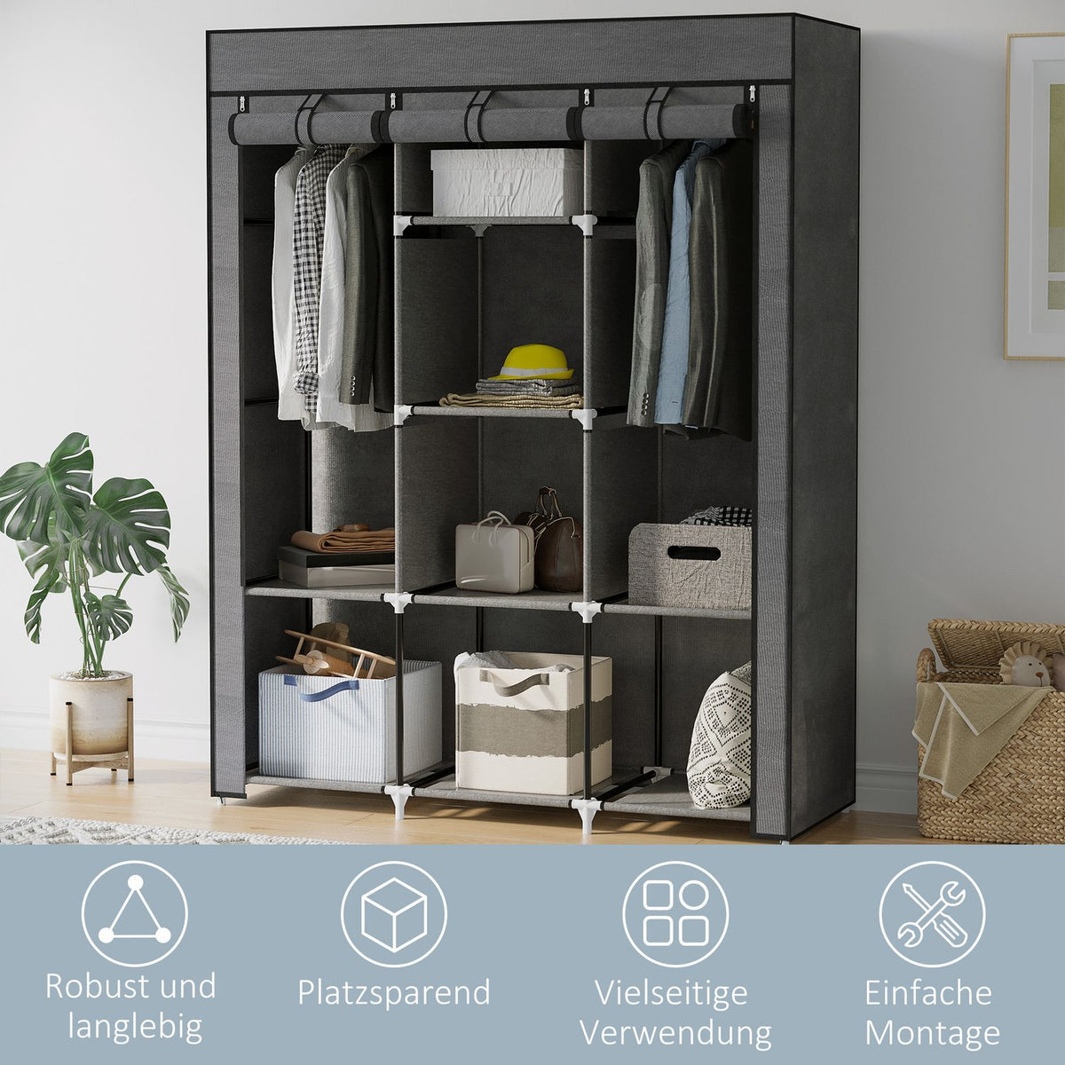 Fabric wardrobe, wardrobe with clothes rails, 8 levels, folding wardrobe, foldable wardrobe for bedroom, hallway, non-woven fabric, dark grey, 125 x 43 x 162.5 cm