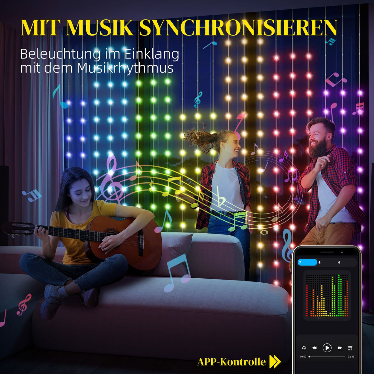 Fairy Lights 3×3m 400 LEDs Light Curtain with Adjustable Brightness Music Synchronization Scene Modes Timer Function Fairy Lights Curtain Indoor Outdoor IP44 for Wedding, Party, Christmas