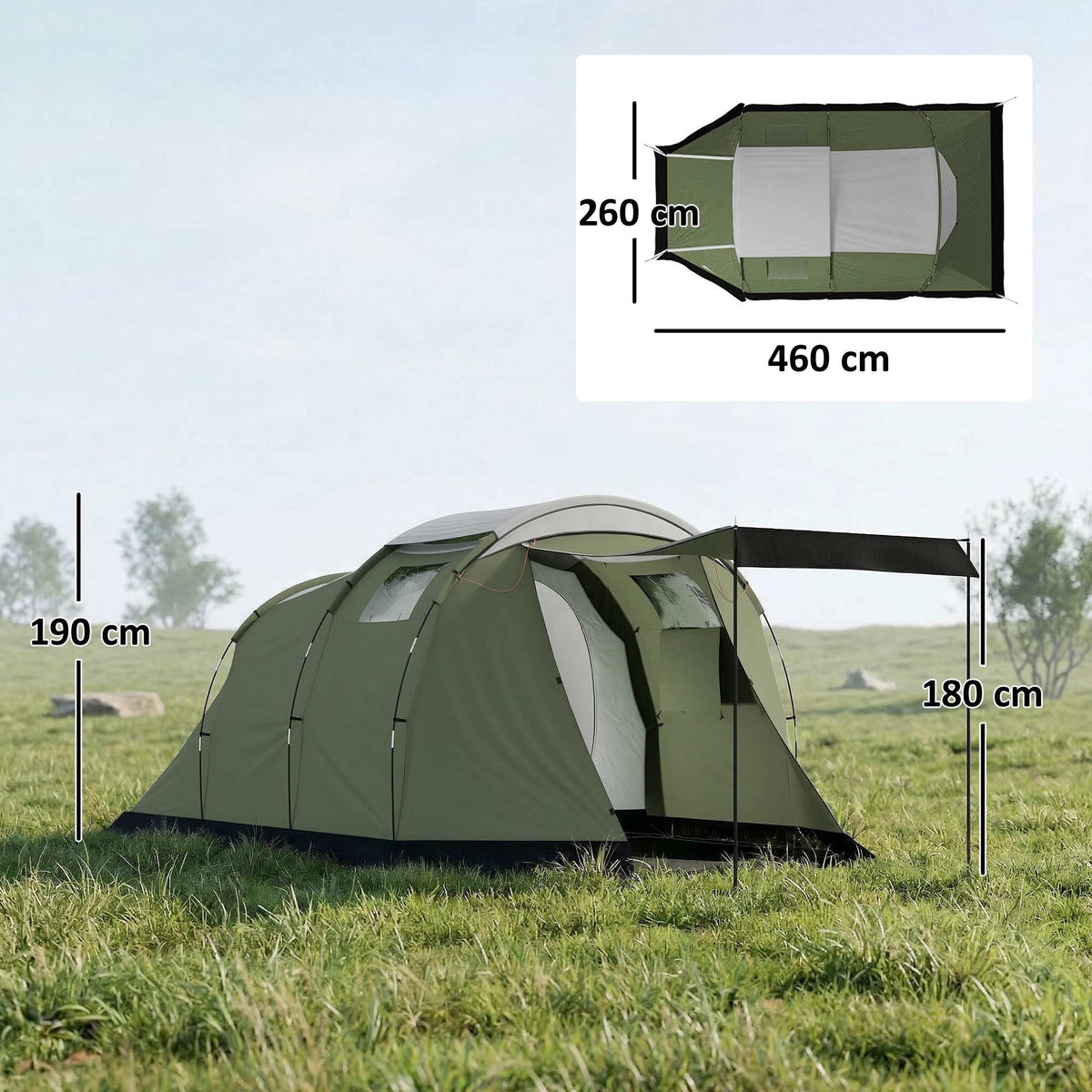 Family Camping Tent, 3-4 Person, 3000mm Waterproof, Green