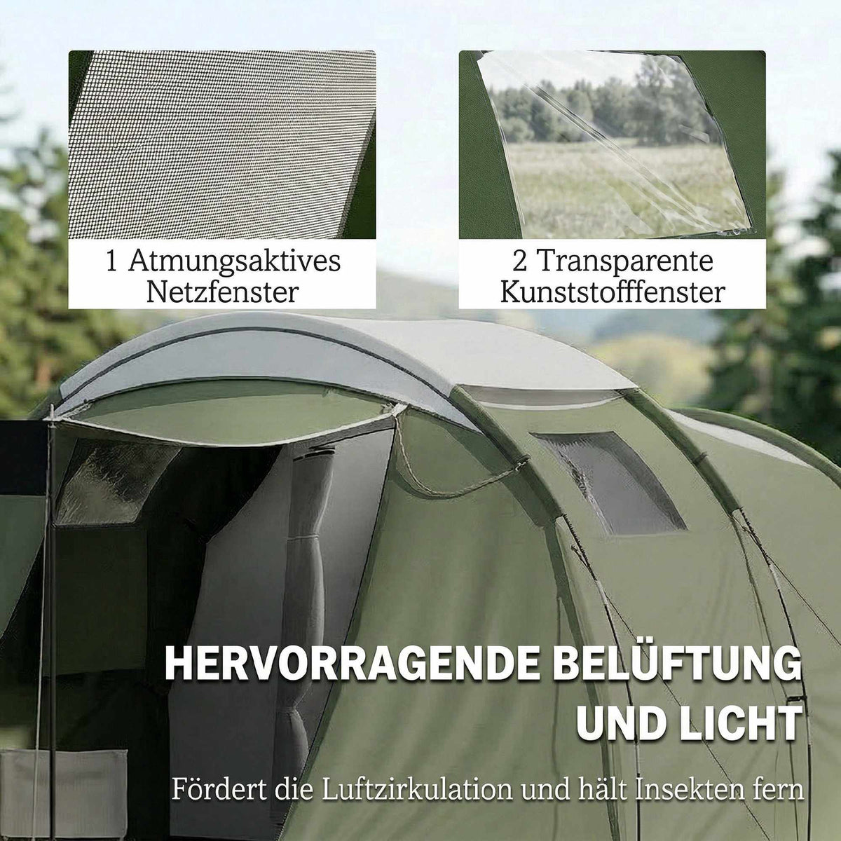 Family Camping Tent, 3-4 Person, 3000mm Waterproof, Green