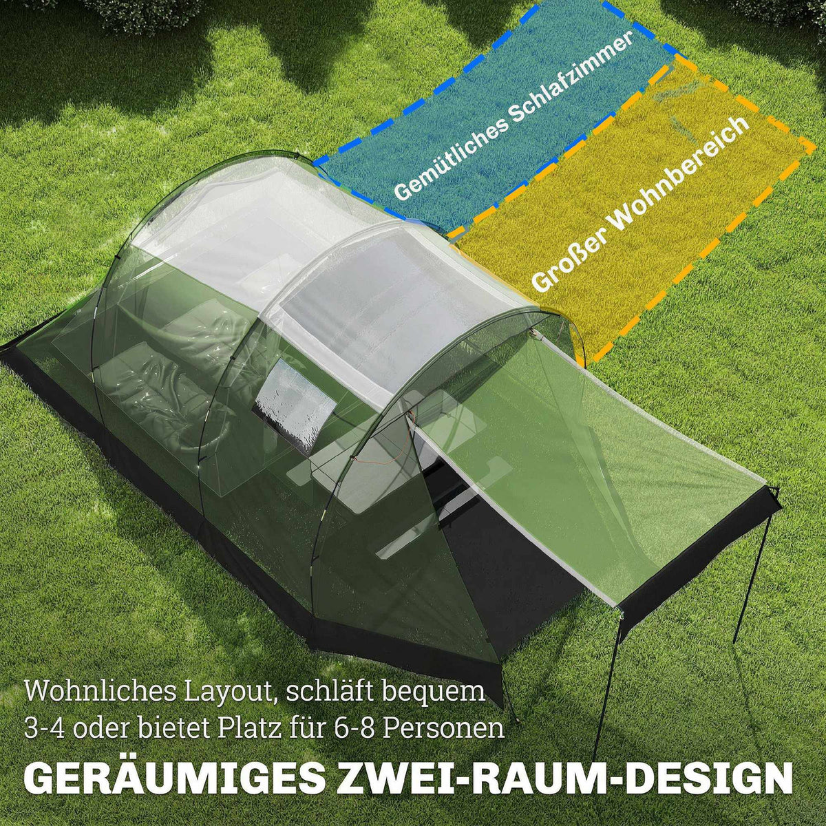 Family Camping Tent, 3-4 Person, 3000mm Waterproof, Green