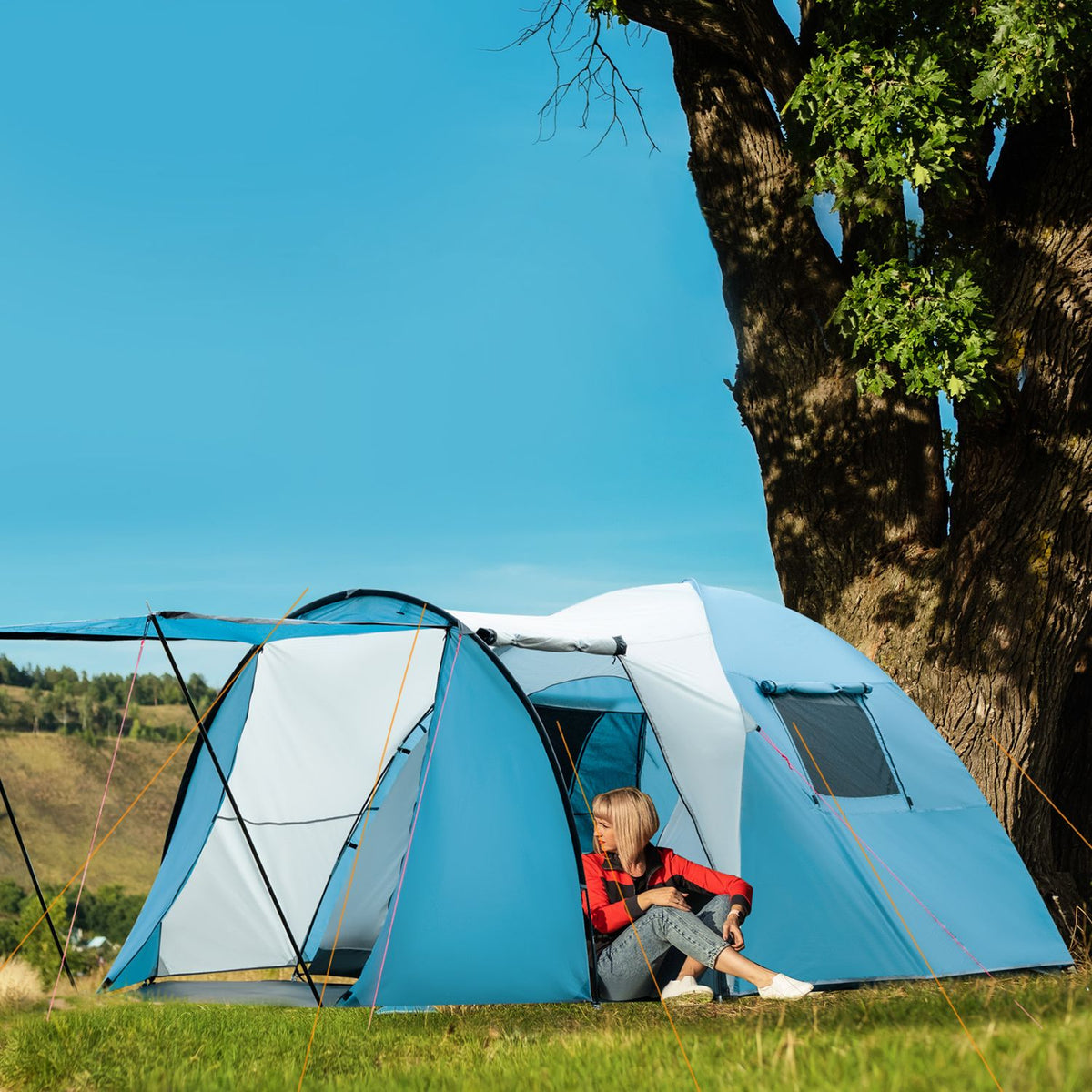Family Tent For 3 People, Camping Tent With Bedroom & Vestibule, Group Tent With Carry Bag, 2000 Mm Water Column, Groundsheet, Blue