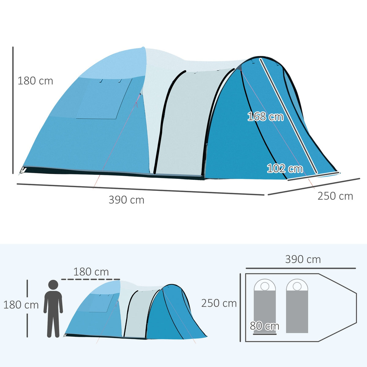 Family Tent For 3 People, Camping Tent With Bedroom & Vestibule, Group Tent With Carry Bag, 2000 Mm Water Column, Groundsheet, Blue