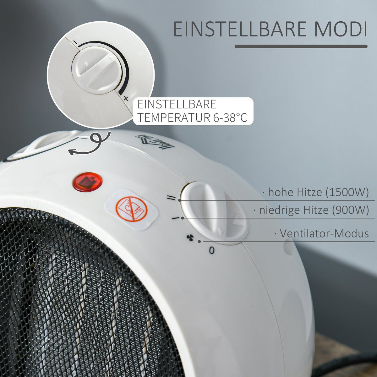 Fan Heater Electric Heater Heater Heater Heat 900W/1500W Pp Plastic White + Black 22 X 18.5 X 21 Cm