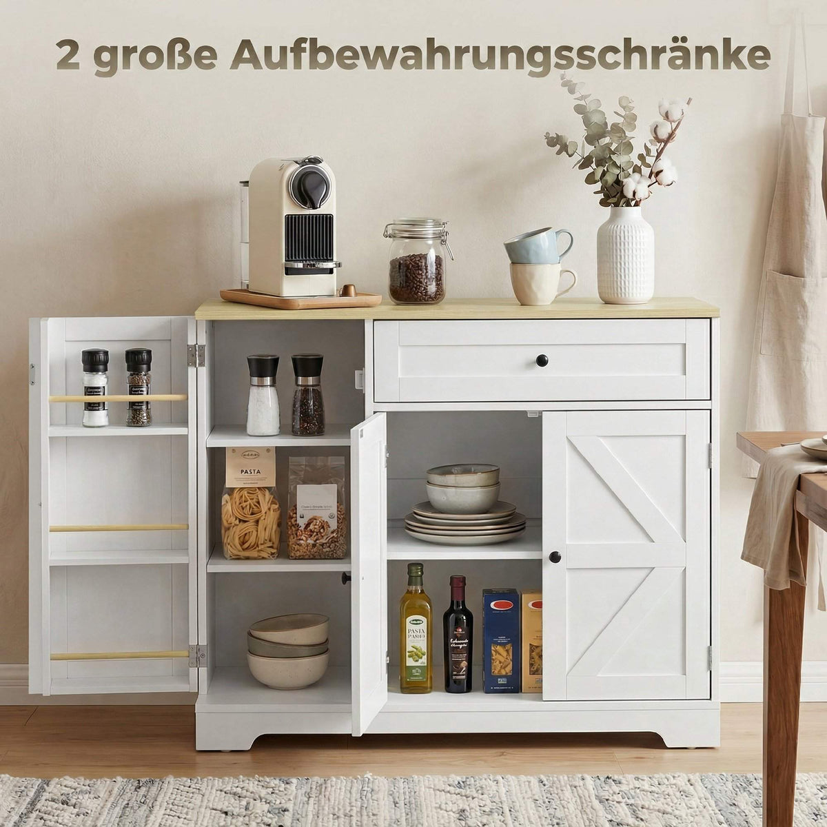 Farmhouse Kitchen Sideboard with Sliding Doors, Adjustable Shelves