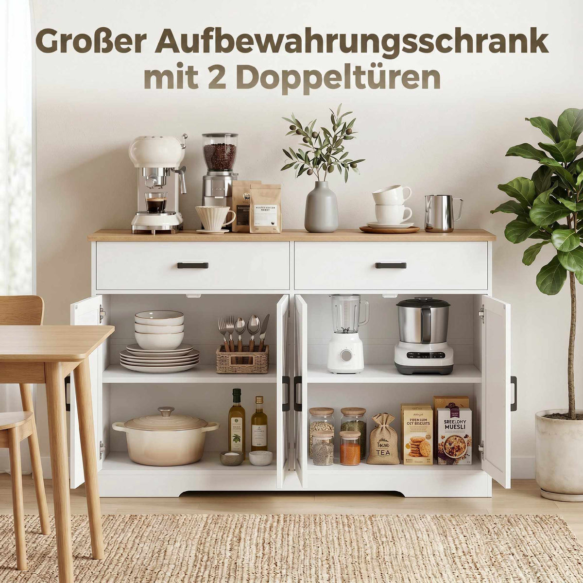 Farmhouse Sideboard Buffet, 140 cm, 2 Drawers, White