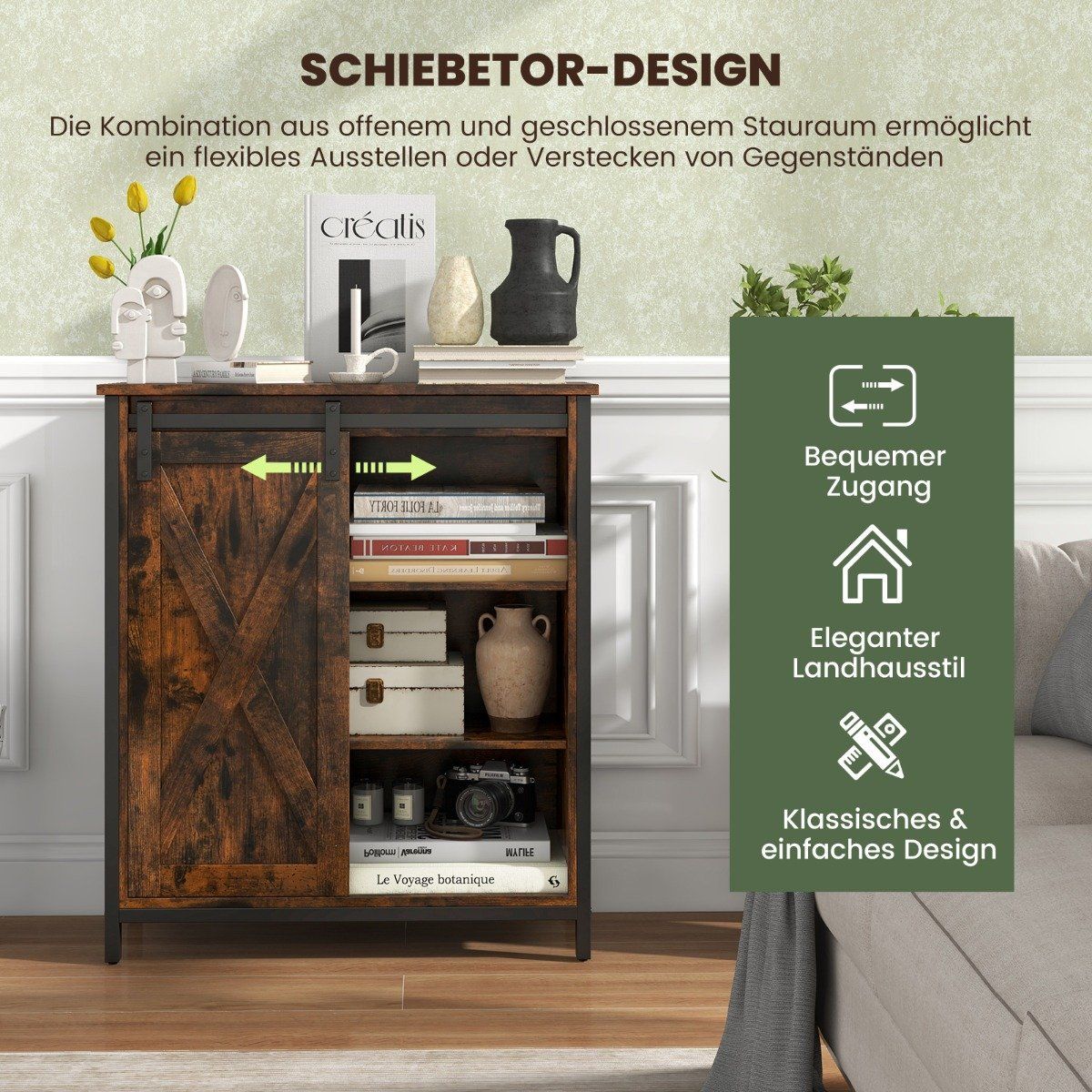 Farmhouse Style Kitchen Cabinet Rustic Sideboard with Sliding Door & Adjustable Shelves