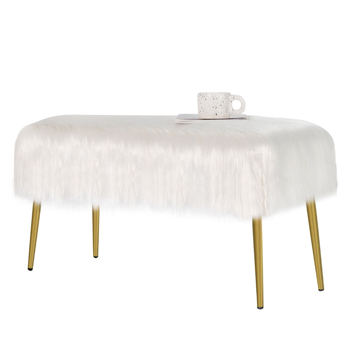 Faux Fur Vanity Stool, Gold Metal Legs, White 91x35cm