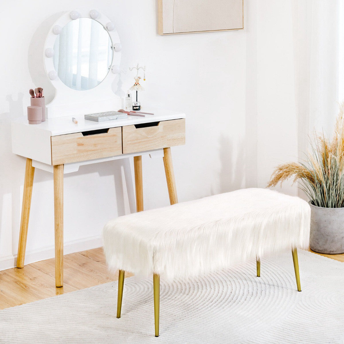 Faux Fur Vanity Stool, Gold Metal Legs, White 91x35cm