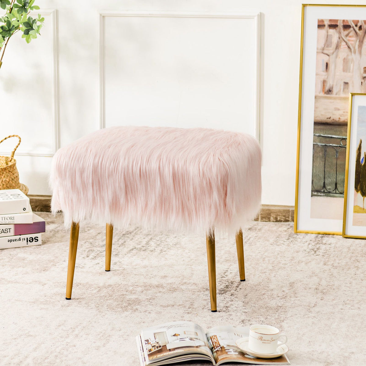 Faux Fur Vanity Stool, Square, Gold Metal Legs, Pink