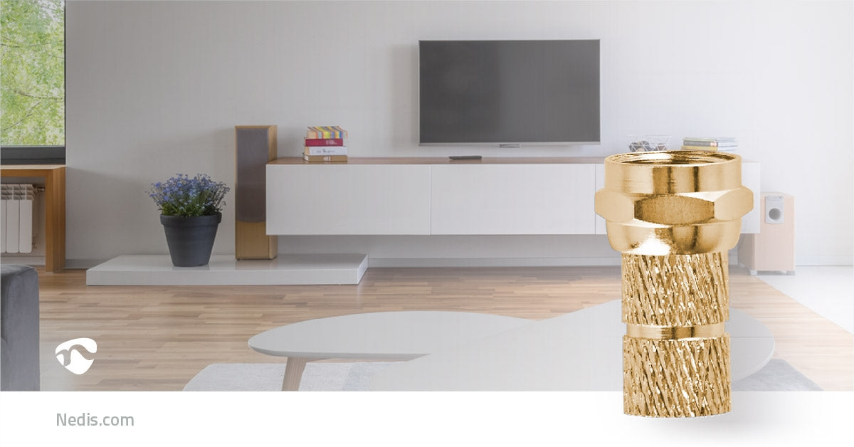 F connector | Straight | Male | Gold Plated | 75 Ohm | Twist-On | Cable input diameter: 5.5 mm | Copper | Metal | 2 pcs. | Cardboard box with window