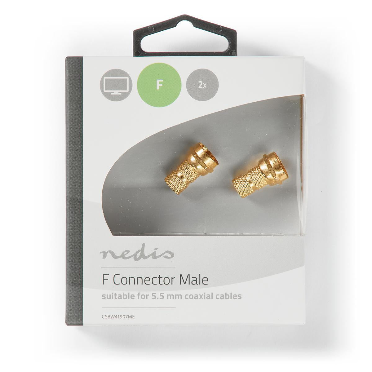 F connector | Straight | Male | Gold Plated | 75 Ohm | Twist-On | Cable input diameter: 5.5 mm | Copper | Metal | 2 pcs. | Cardboard box with window