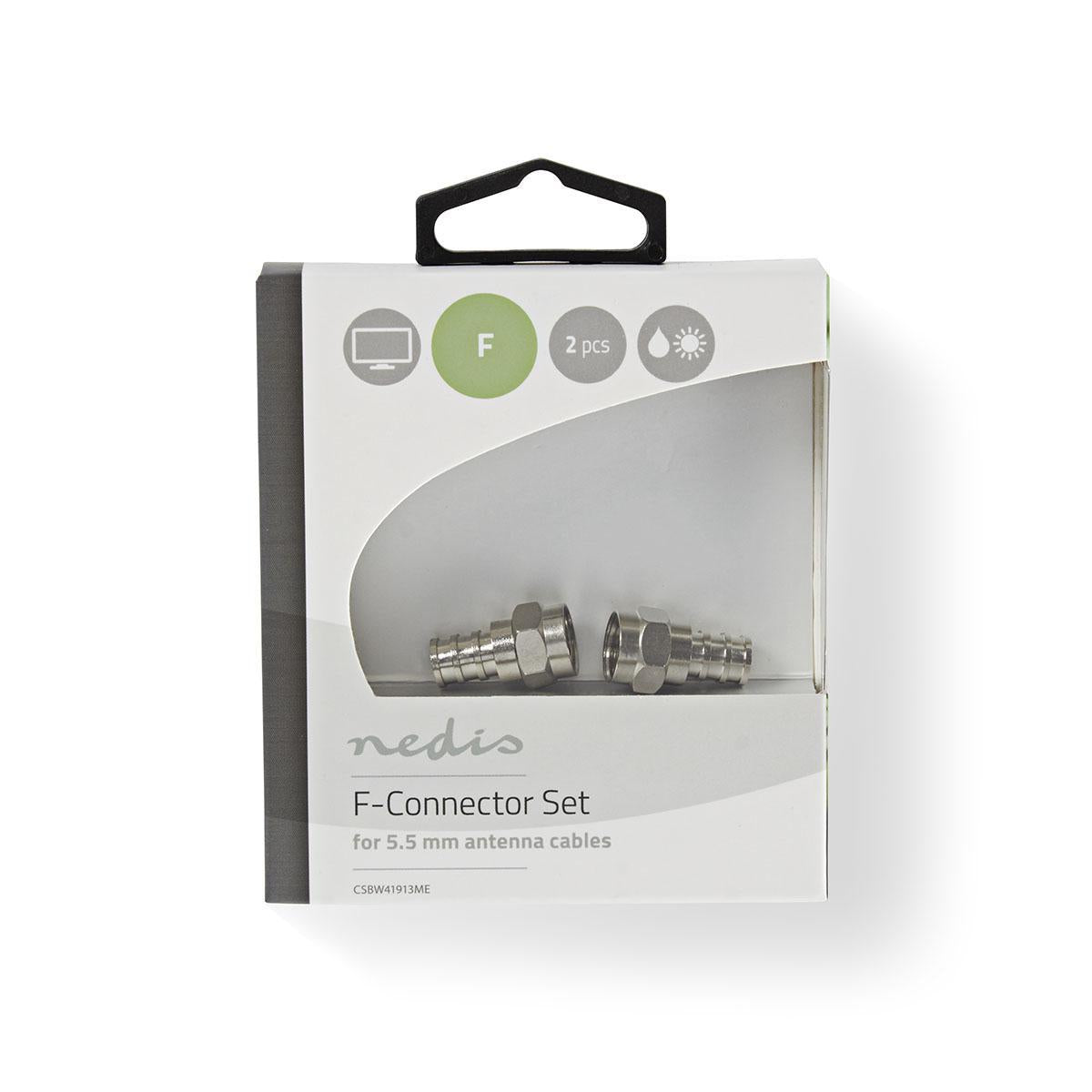 F connector | Straight | Male | Nickel Plated | 75 Ohm | Shrink | Cable input diameter: 5.5 mm | Copper | Silver | 2 pcs. | Cardboard box with window