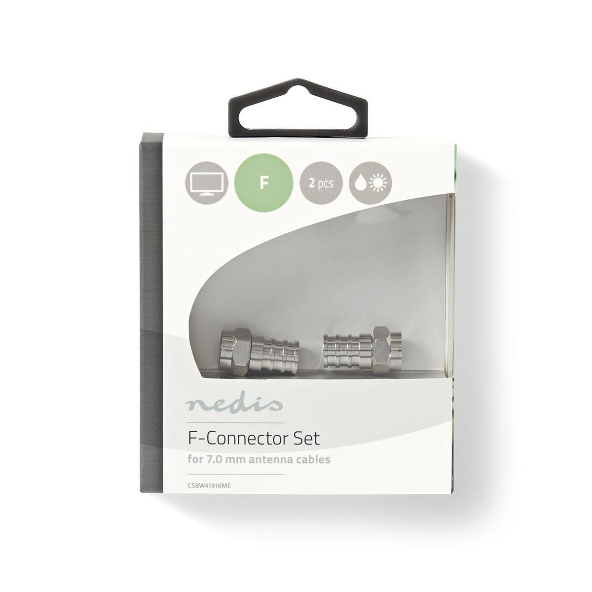 F connector | Straight | Male | Nickel Plated | 75 Ohm | Shrink | Cable input diameter: 7.0 mm | Copper | Silver | 2 pcs. | Cardboard box with window