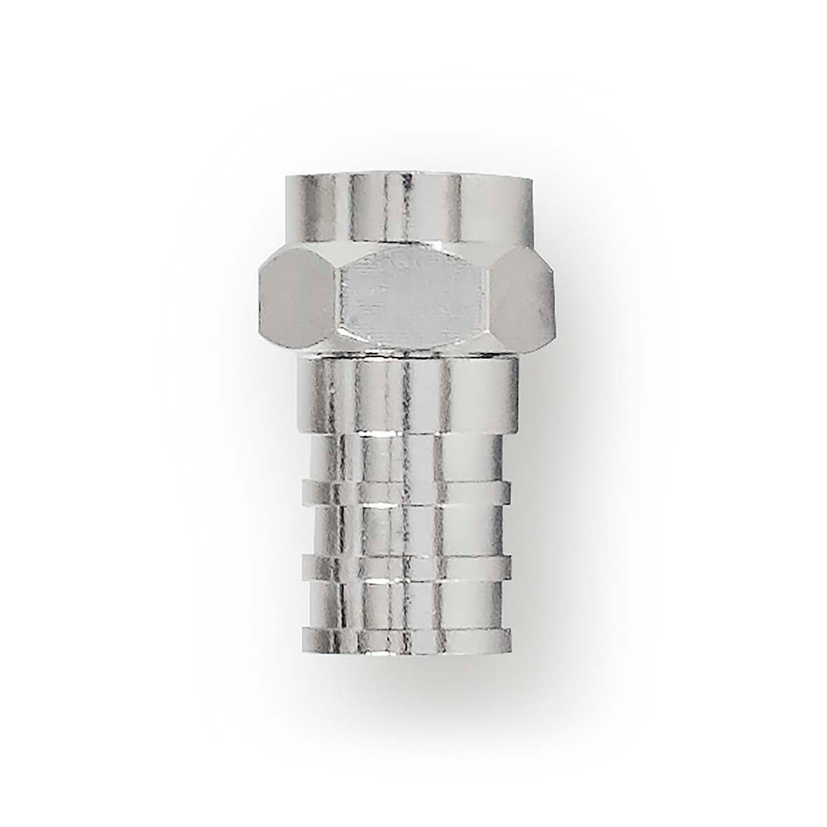F connector | Straight | Male | Nickel Plated | 75 Ohm | Shrink | Cable input diameter: 7.0 mm | Copper | Silver | 2 pcs. | Cardboard box with window
