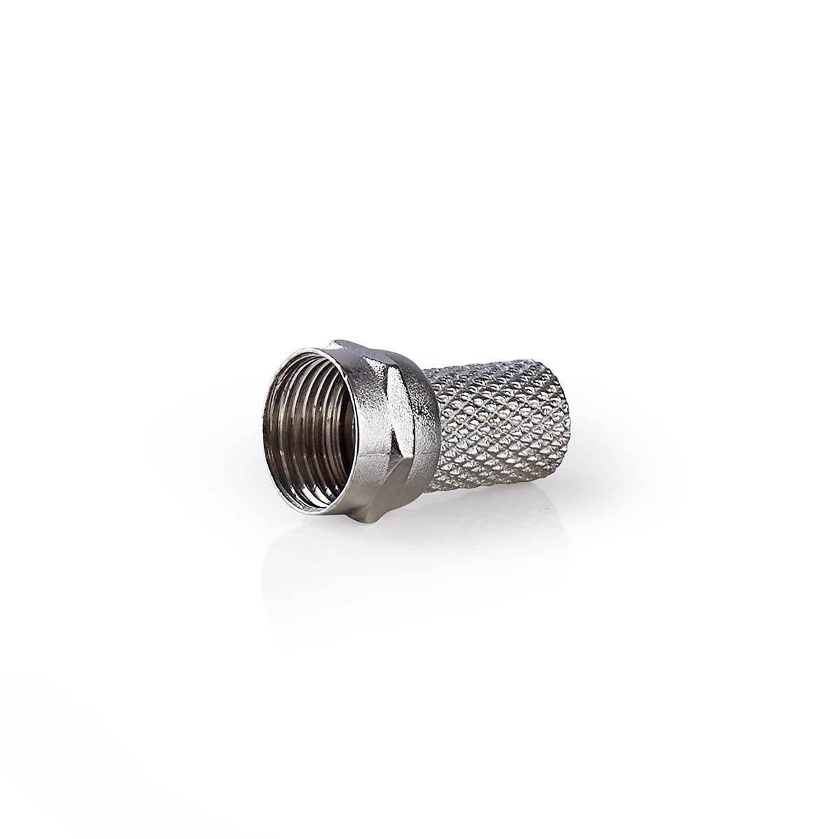 F connector | Straight | Male | Nickel Plated | 75 Ohm | Twist-On | Cable input diameter: 6.4 mm | Zinc Alloy | Silver | 25 pcs. | Plastic bag