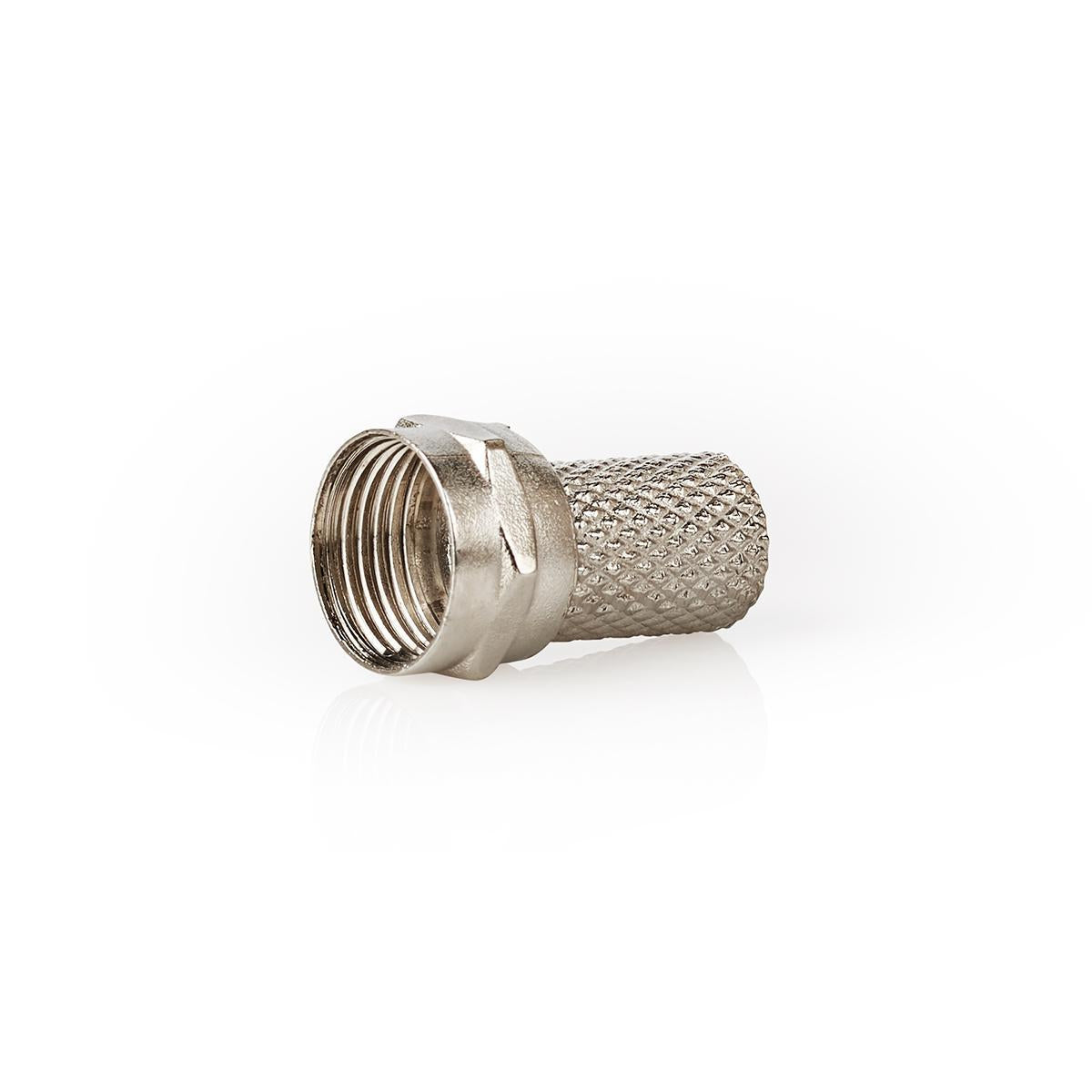 F connector | Straight | Male | Nickel Plated | 75 Ohm | Twist-On | Cable input diameter: 7.5 mm | Zinc Alloy | Silver | 25 pcs. | Plastic bag