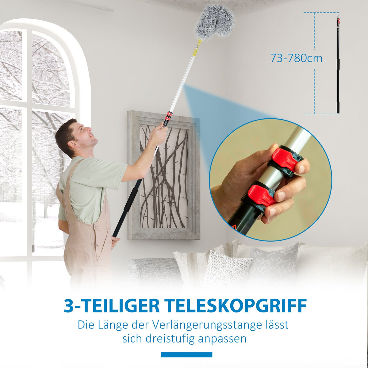 Feather Duster Set 4-In-1 Extendable Dusting Brush, Microfibers, 73-180Cm, For Ceilings & Cobwebs, Washable Telescopic Rod