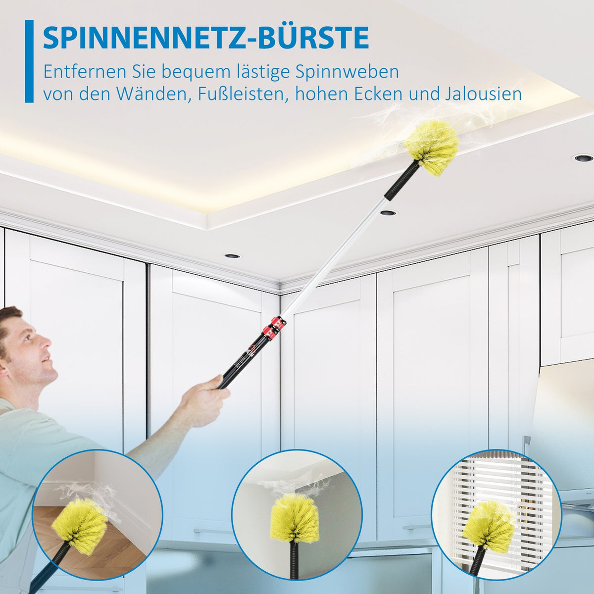 Feather Duster Set 4-In-1 Extendable Dusting Brush, Microfibers, 73-180Cm, For Ceilings & Cobwebs, Washable Telescopic Rod