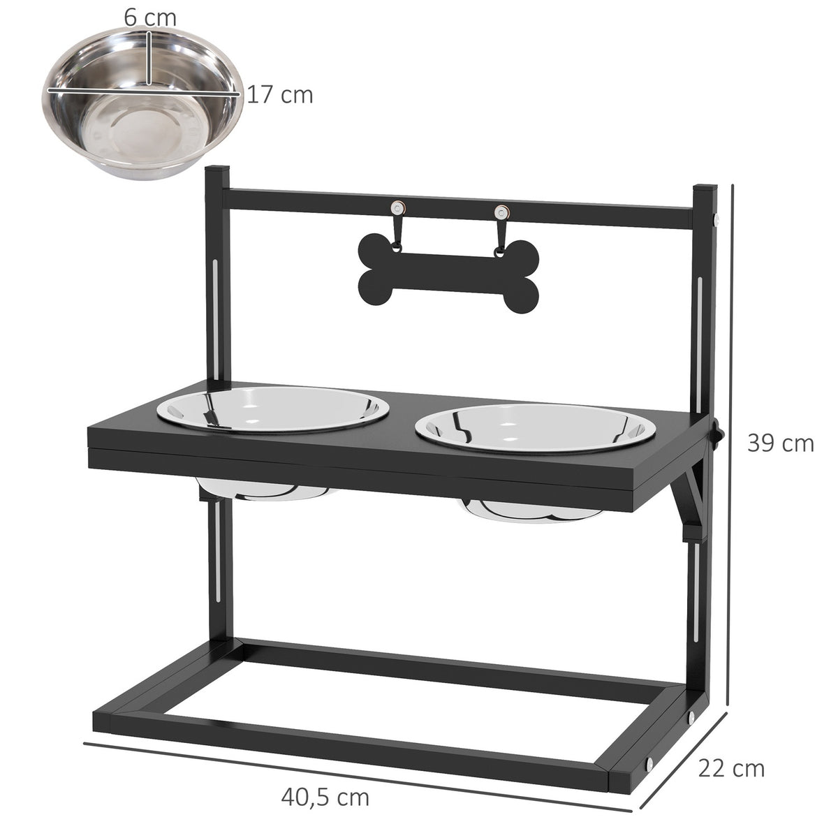 Feeding Station Stainless Steel Dog Bowl Adjustable Bone-Shaped 0.9L