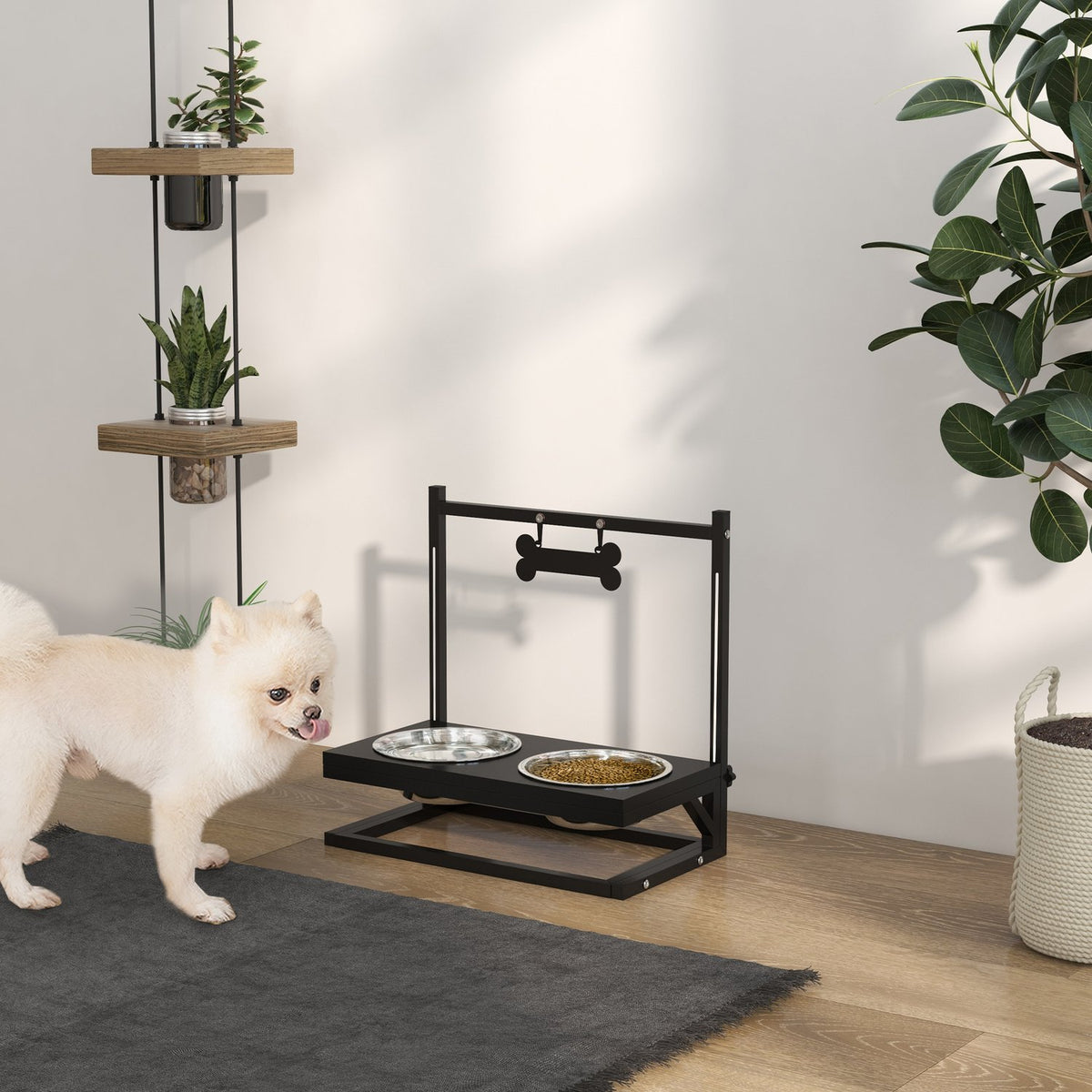 Feeding Station Stainless Steel Dog Bowl Adjustable Bone-Shaped 0.9L