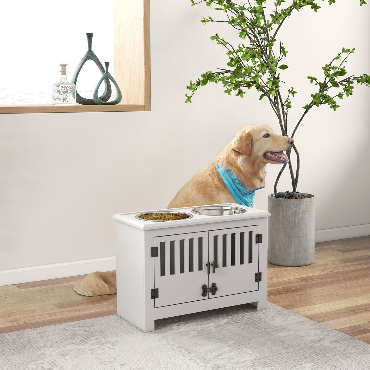 Feeding bowl, raised feeding station with 2L stainless steel feeding bowl, storage space, double door with lock, dog bar for extra large dogs, white