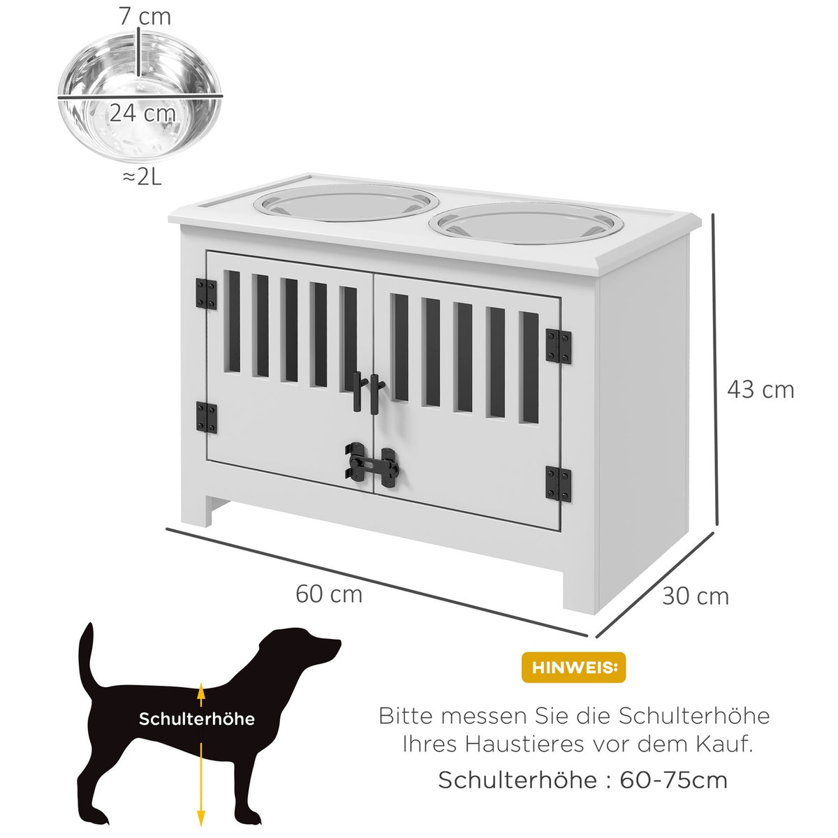 Feeding bowl, raised feeding station with 2L stainless steel feeding bowl, storage space, double door with lock, dog bar for extra large dogs, white