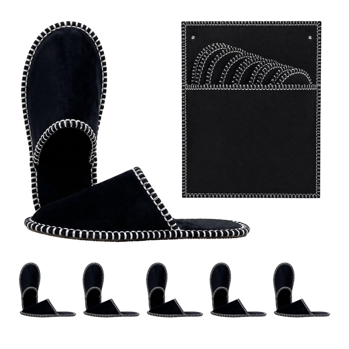 Felt Guest Slippers Set, 6 Pairs, Black, Non-Slip Sole