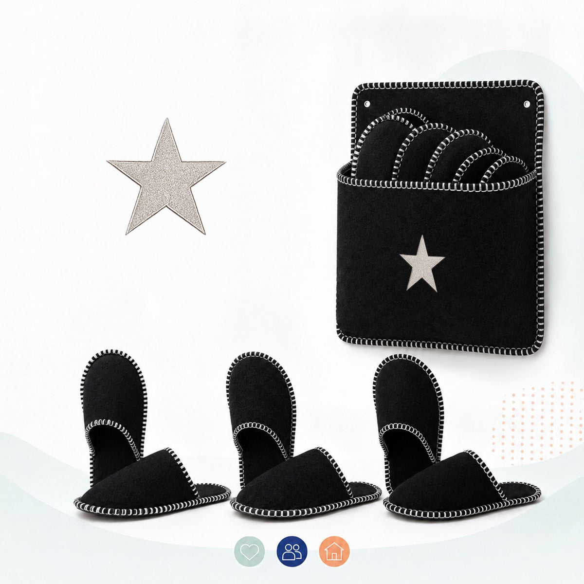 Felt Guest Slippers Set, 6 Pairs, Black, Unisex Sizes