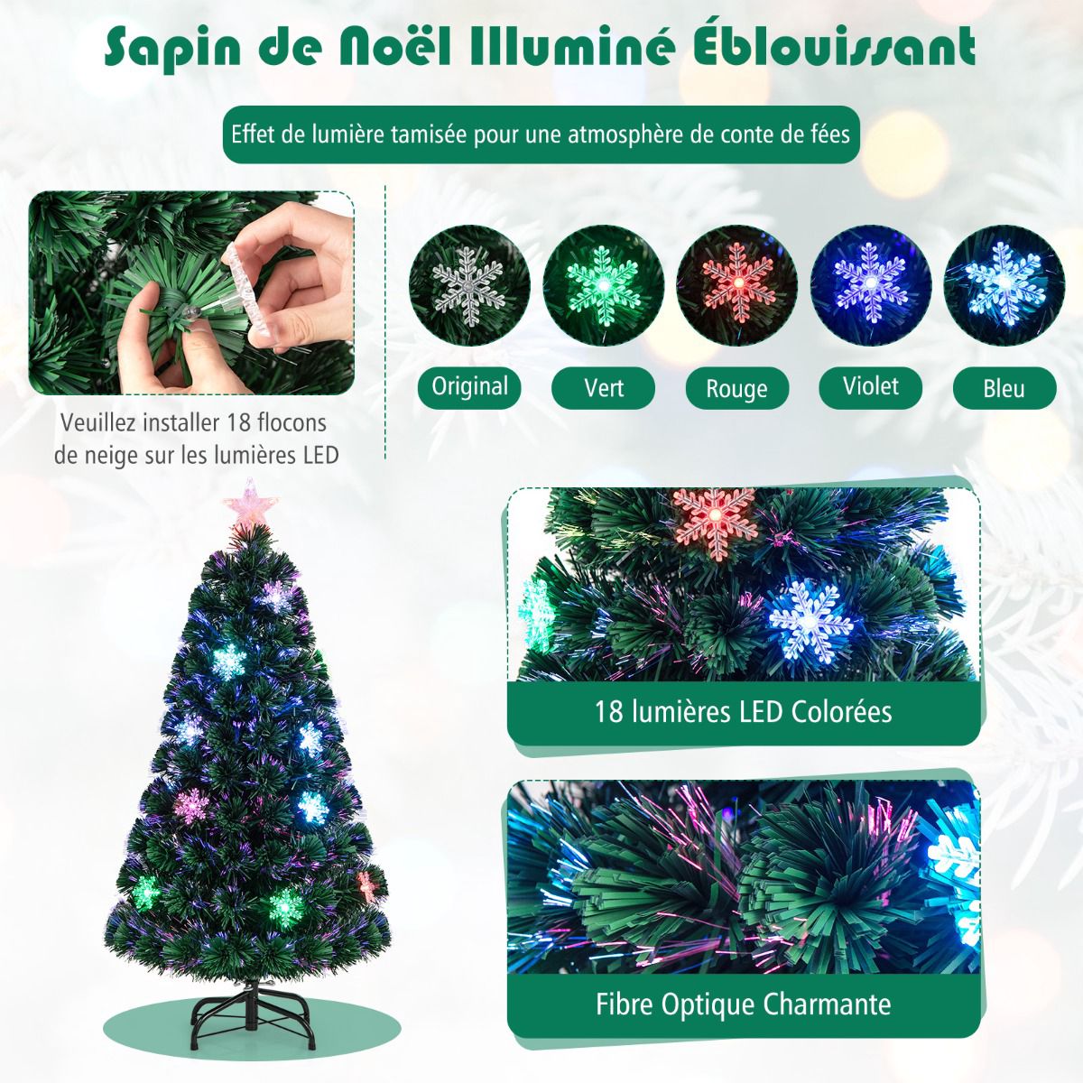 Fiber Optic Christmas Tree 120cm, LED Lights, Snowflakes