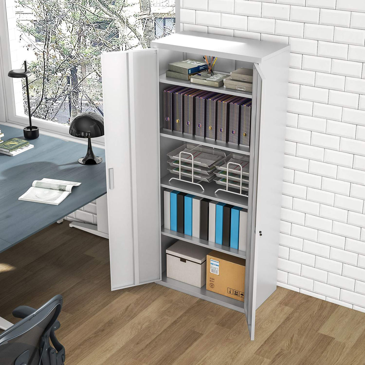 Filing Cabinet, Office Cabinet with 2 Doors, 5 Tier Multi-Purpose Cabinet with Adjustable Shelf, Steel Storage Cabinet for Study, Living Room, White