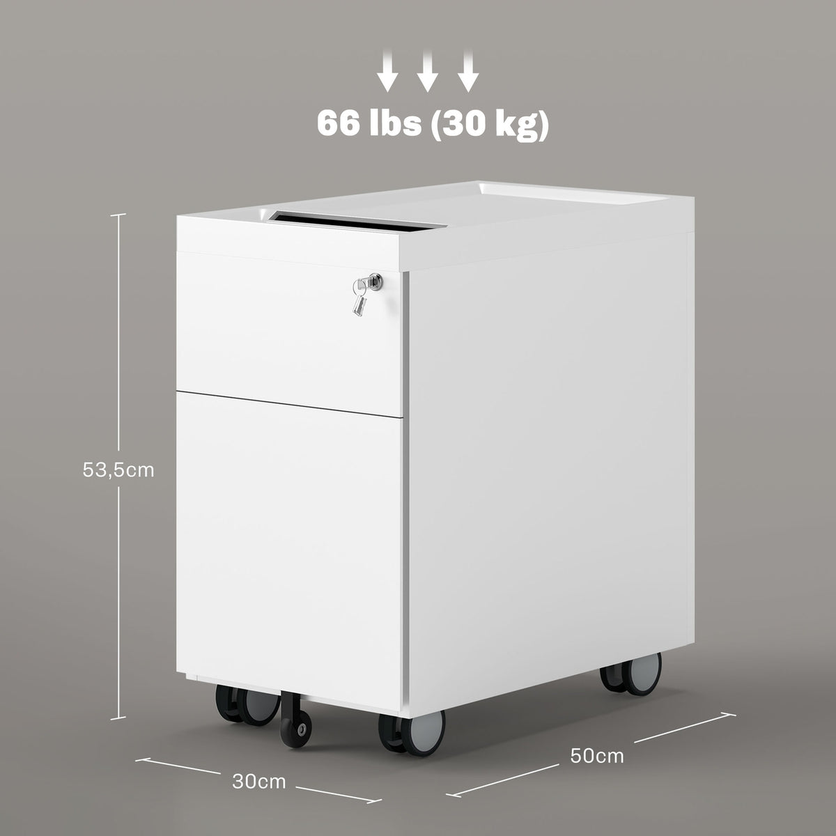 Filing cabinet with double lock, hanging file, powder-coated steel, 30x50x53.5 cm, white
