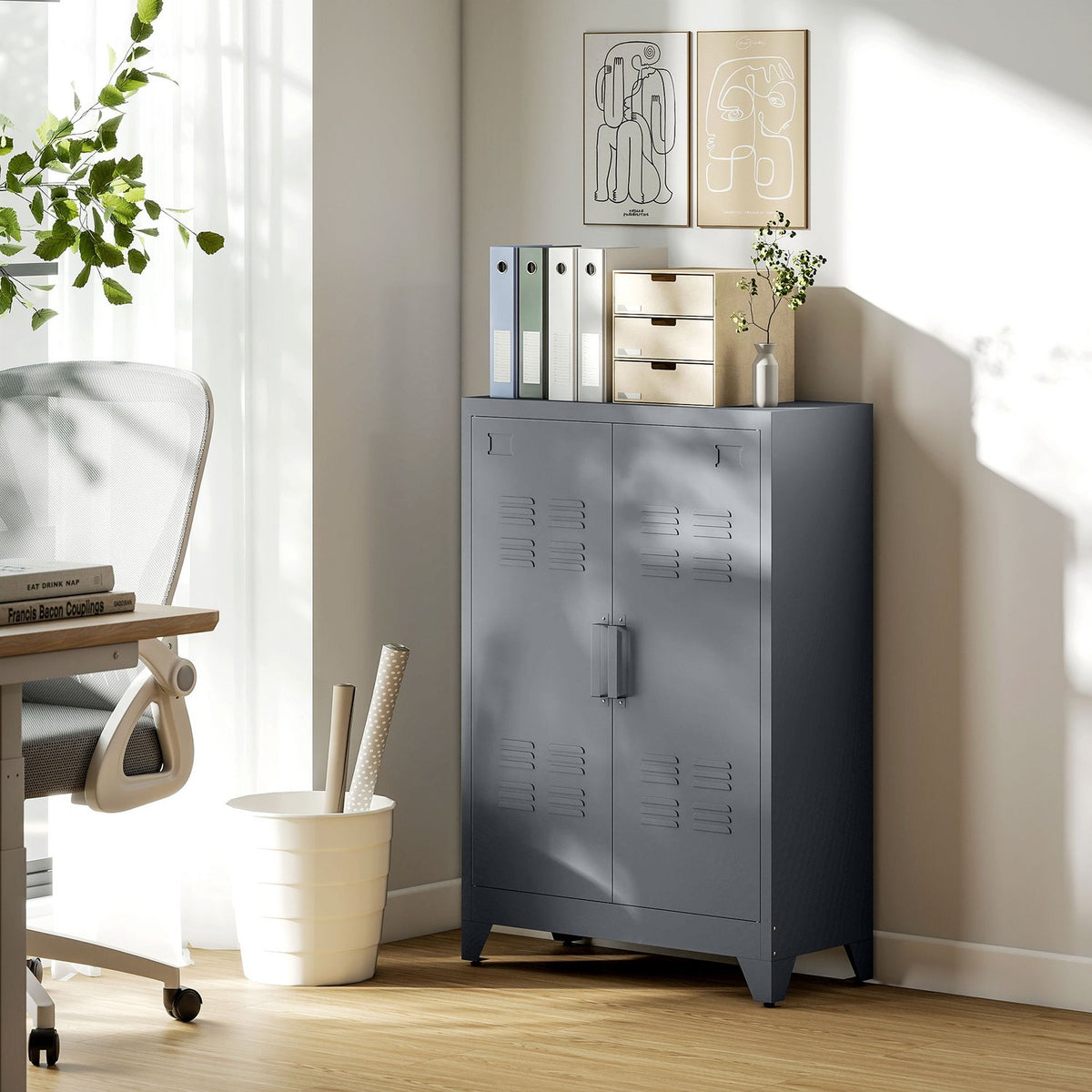 Filing cabinet with louvre doors, storage cabinet, metal cabinet with 2 adjustable shelves, 75 x 33 x 110 cm, grey
