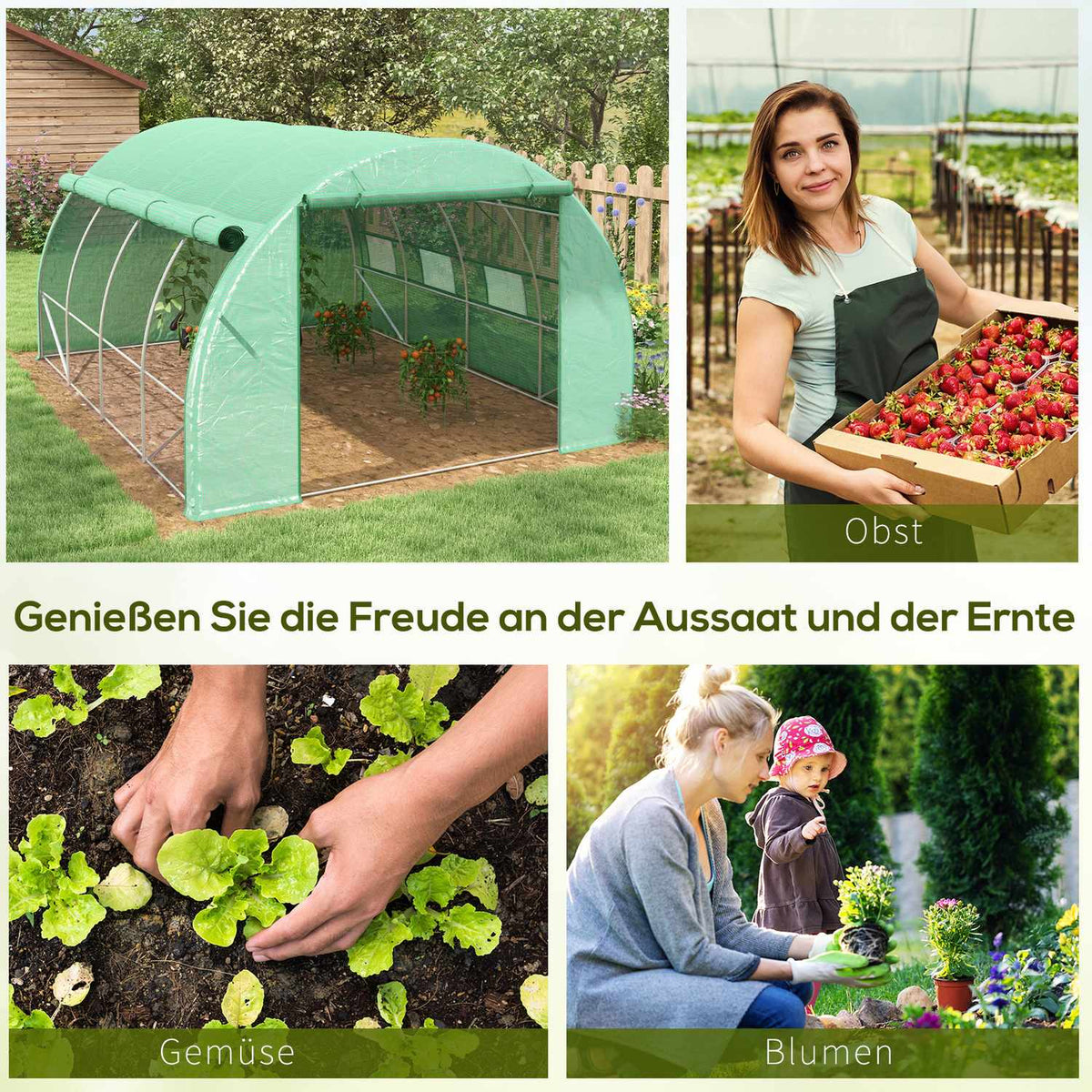 Film Greenhouse Polytunnel 3.97X3X2M Walk-In, Uv Protection, Roll-Up Covers, Steel, Green