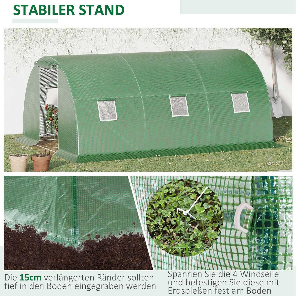 Film Greenhouse Polytunnel 4.5X3M Walk-In, 6 Windows, Frost Protection, Steel Tube, Dark Green
