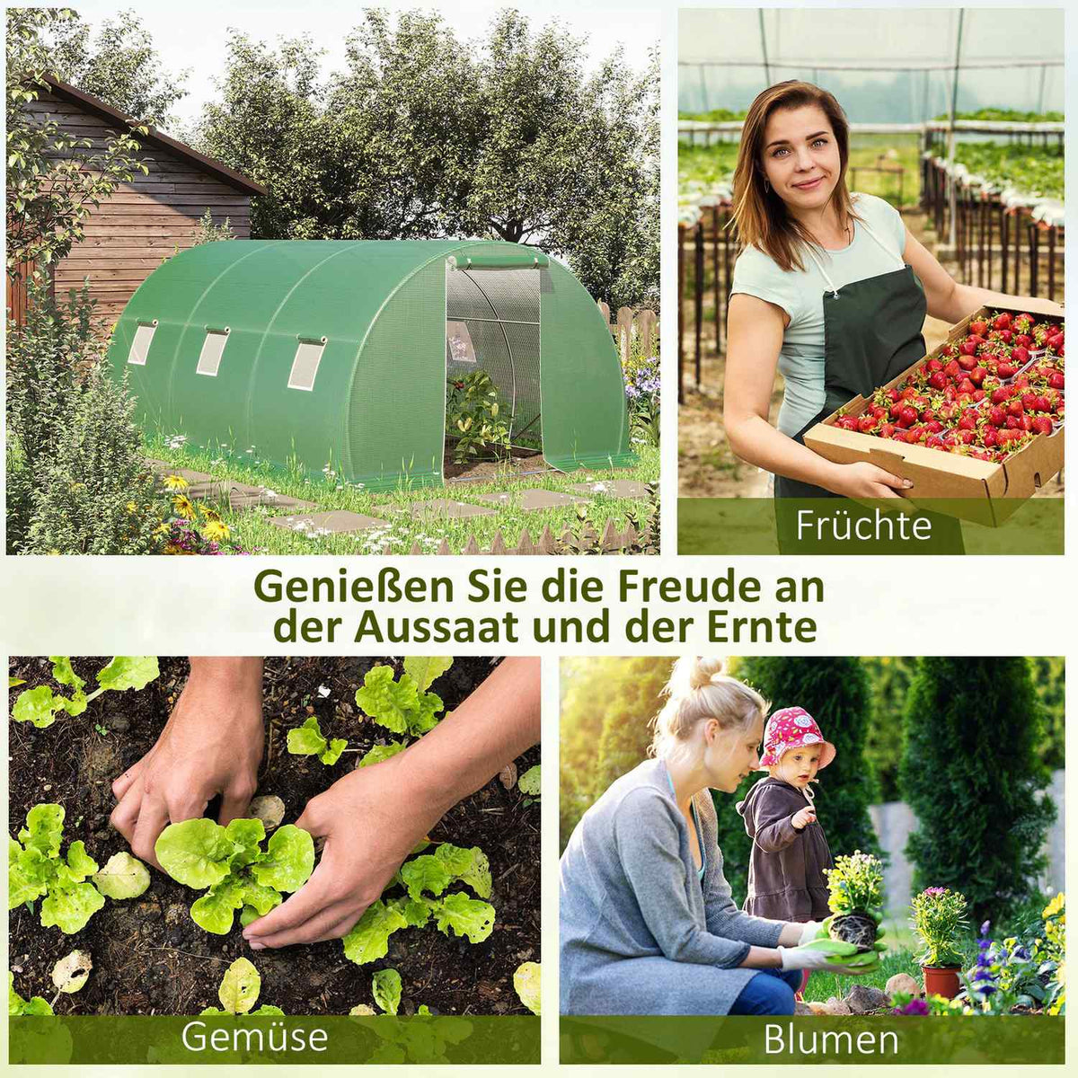 Film Greenhouse Polytunnel 4.5X3M Walk-In, 6 Windows, Frost Protection, Steel Tube, Dark Green