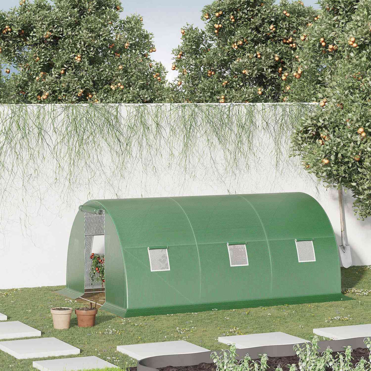Film Greenhouse Polytunnel 4.5X3M Walk-In, 6 Windows, Frost Protection, Steel Tube, Dark Green