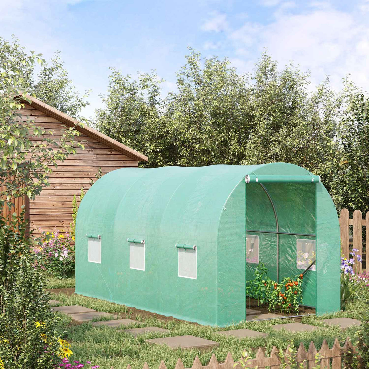 Film Greenhouse Tomato Greenhouse Round Arch Greenhouse 6 Mesh Windows Film Tunnel Cold Frame Green 395X195X190Cm