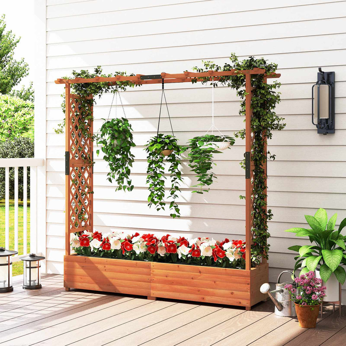 Fir Wood Planter Box with Trellis and Roof, Orange
