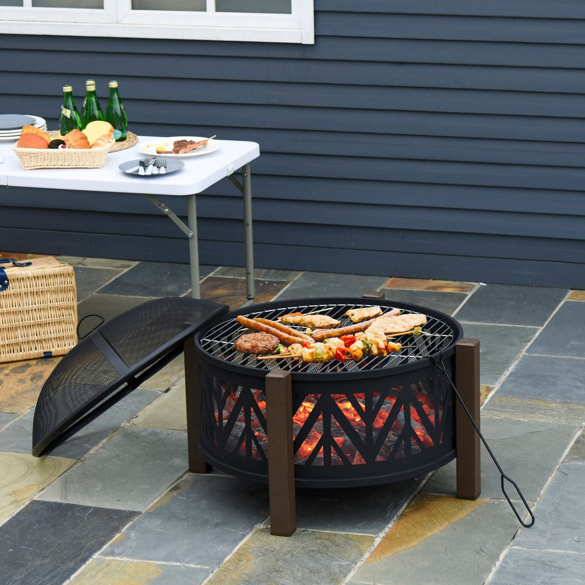 Fire Bowl 2-In-1 Fire Basket With Spark Guard & Grill Grate, Garden Bbq, Black+Brown, Ф78X60H Cm