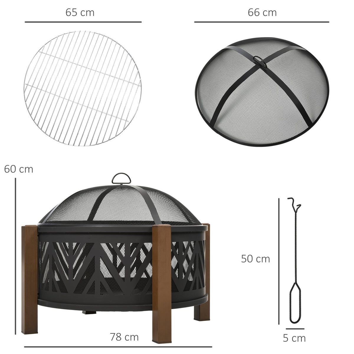Fire Bowl 2-In-1 Fire Basket With Spark Guard & Grill Grate, Garden Bbq, Black+Brown, Ф78X60H Cm