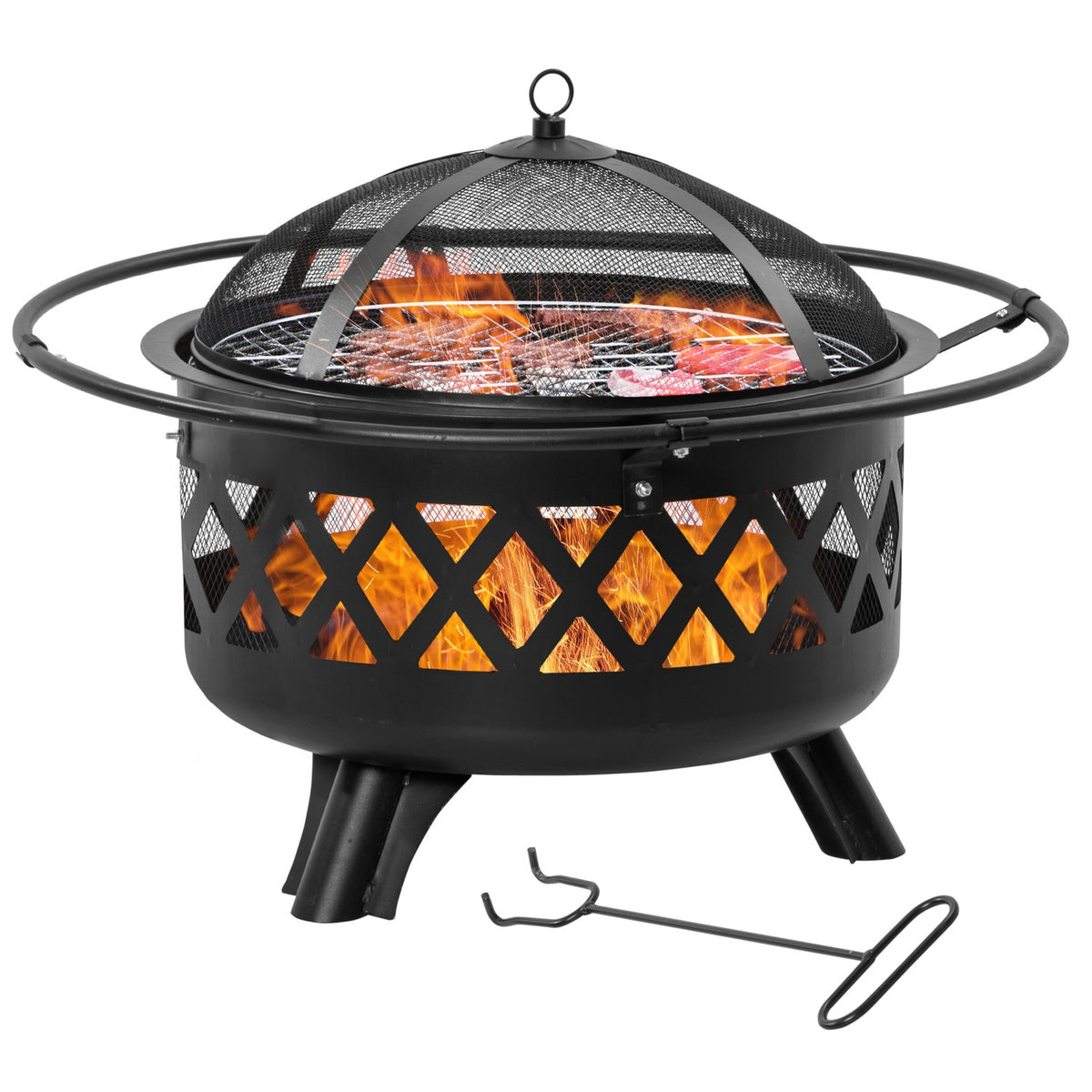 Fire Bowl 2-In-1 Fire Basket With Spark Protection Grill Net Ø82 Cm Fire Pit For Heating Bbq Grill Garden Patio Round Black